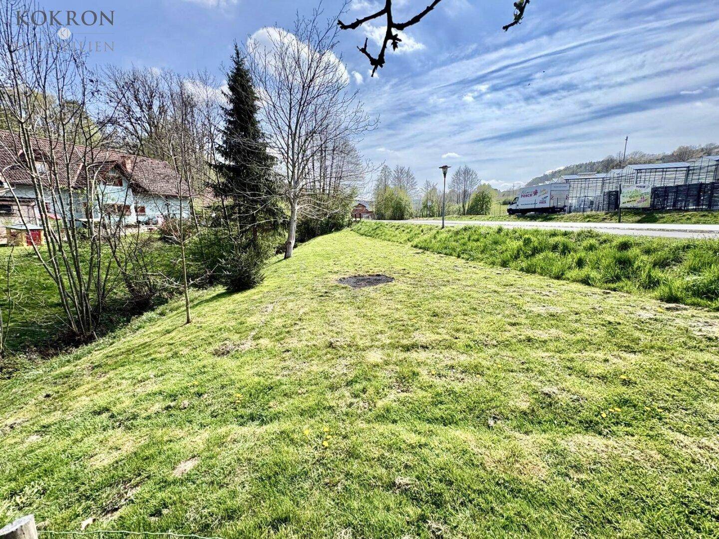 Weitläufige Rasenfläche neben der Straße, umgeben von Bäumen und ländlicher Bebauung.
