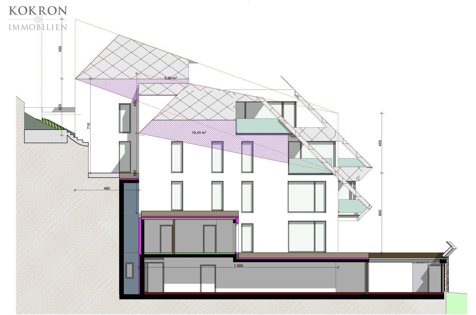 Architektonischer Schnittplan eines Gebäudes mit mehreren Etagen und komplexer Dachkonstruktion.