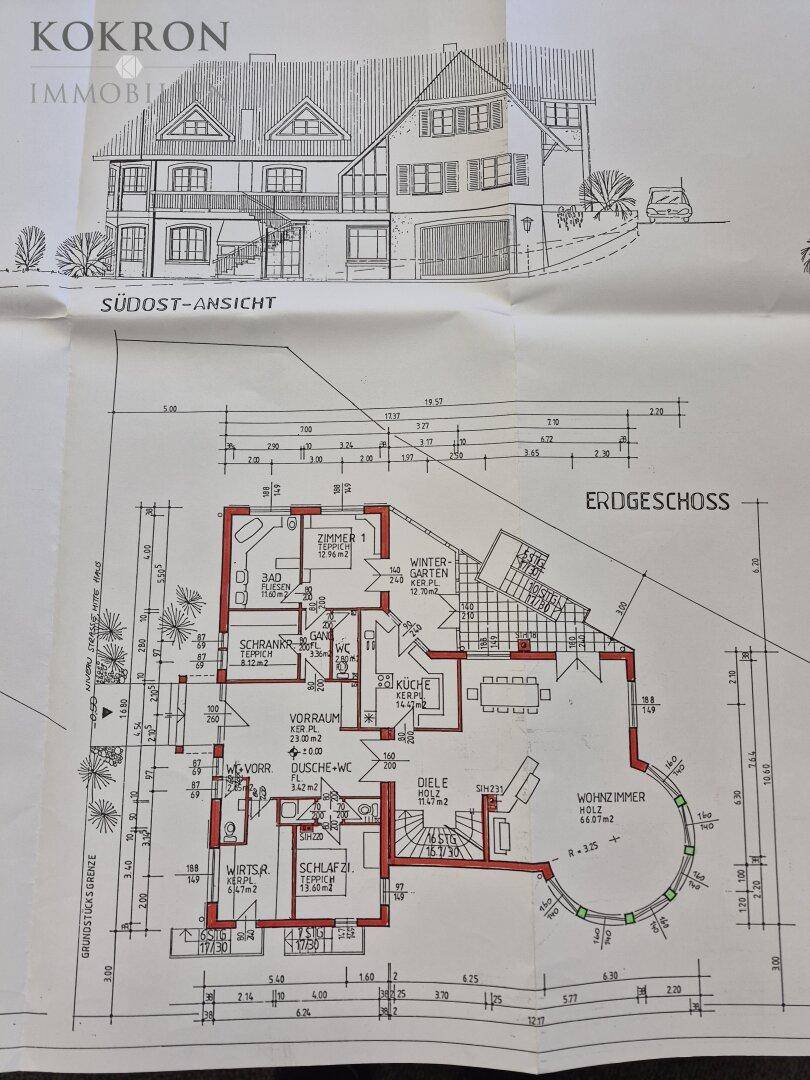 Grundriss des Erdgeschosses mit Wohnzimmer, Küche, Schlafzimmern und Wintergarten.