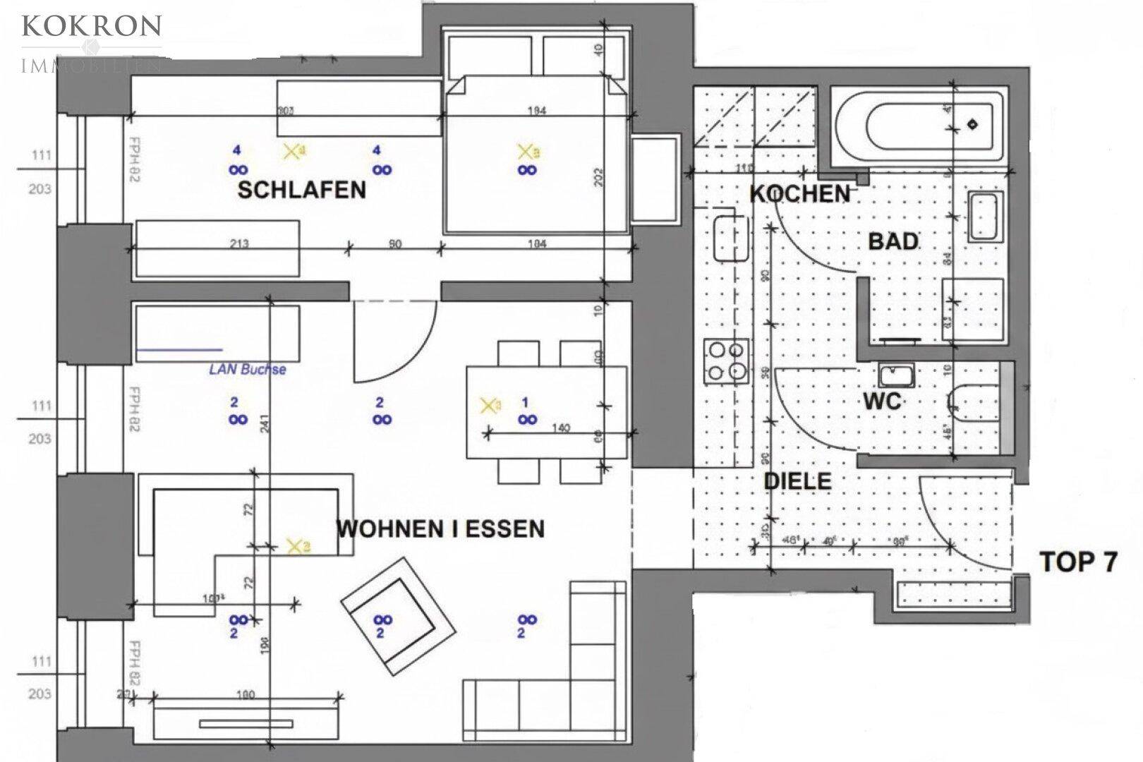 Grundriss einer Wohnung mit Schlafzimmer, Wohn-Essbereich, Küche und Bad.