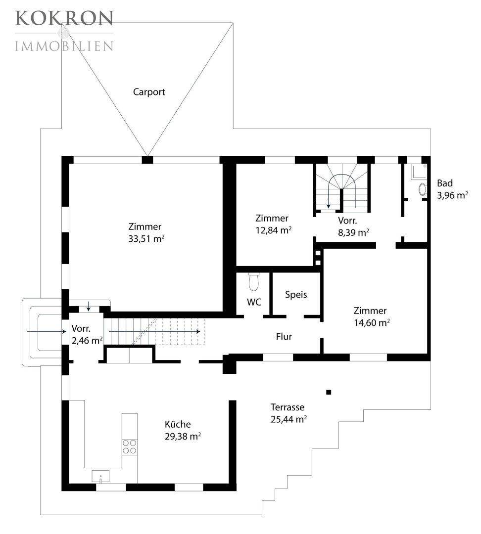 Grundriss des Erdgeschosses mit großem Wohnzimmer, Küche, zwei weiteren Zimmern, Bad, separatem WC, Speis und Terrasse.