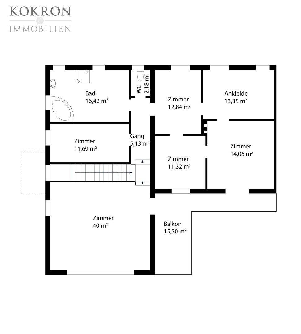 Grundriss des Obergeschosses mit mehreren Schlafzimmern, Bad, separatem WC, Ankleidezimmer und Balkon.