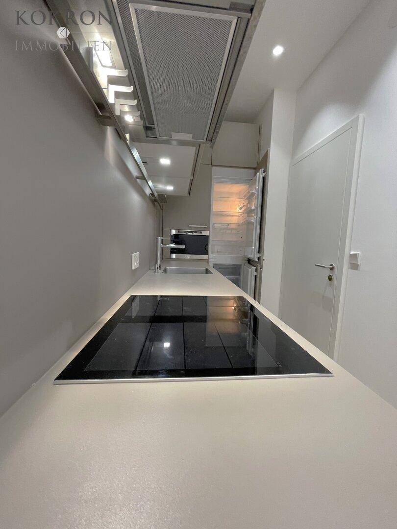 Moderne Küche mit Induktionskochfeld, Dunstabzugshaube und integriertem Kühlschrank.