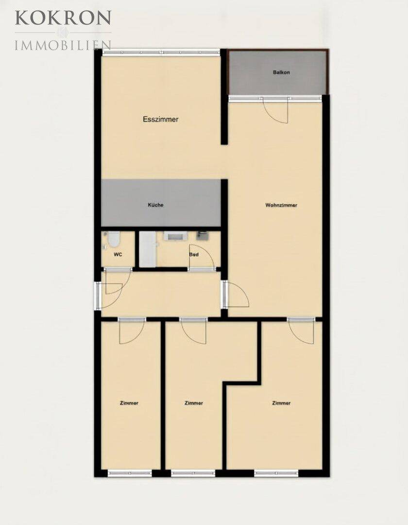 Grundriss der Wohnung mit drei Zimmern, Wohnzimmer, Esszimmer, Küche und Balkon.