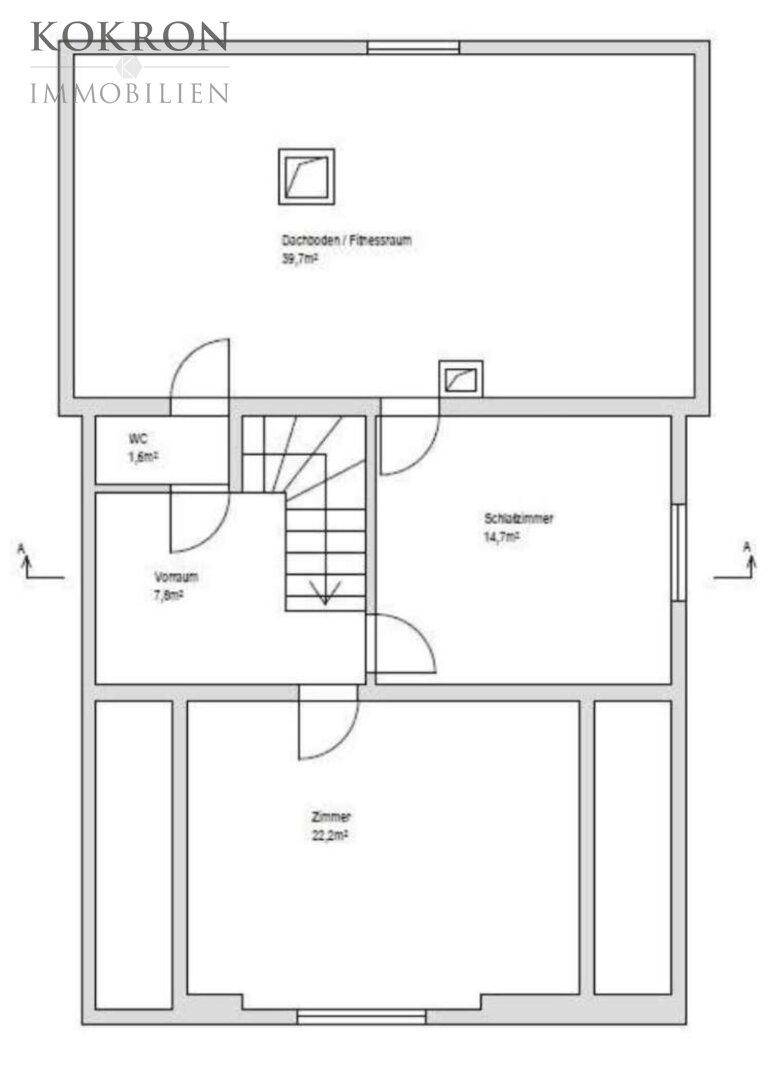 Grundriss des Obergeschosses mit Schlafzimmer, WC und Dachboden/Fitnessraum.