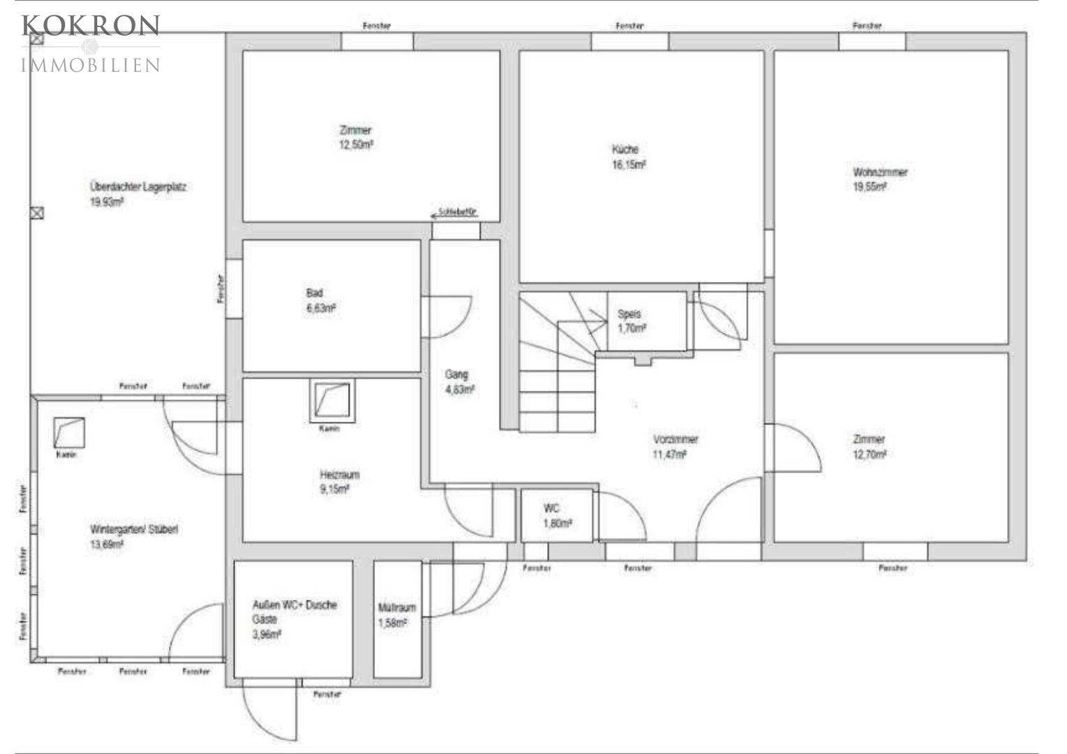 Grundriss des Erdgeschosses mit Zimmern, Küche, Bad, WC und Wintergarten.