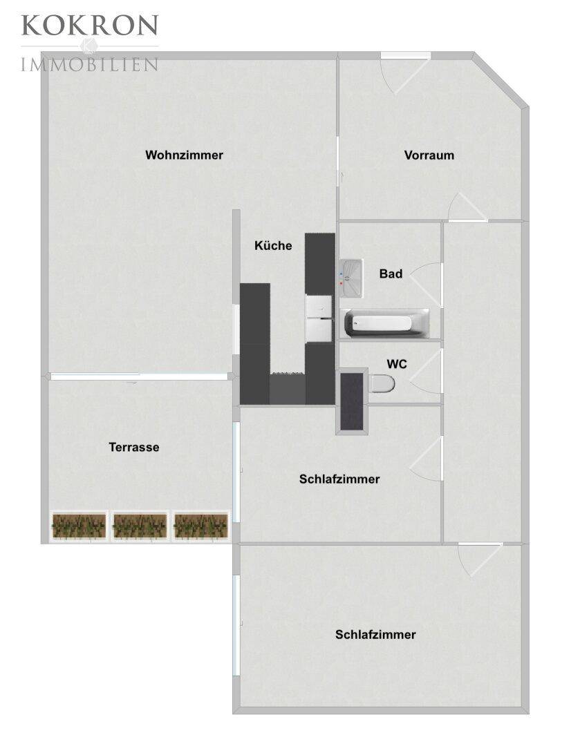 Grundriss der Wohnung mit Wohnzimmer, Küche, Bad, WC, zwei Schlafzimmern und Terrasse.