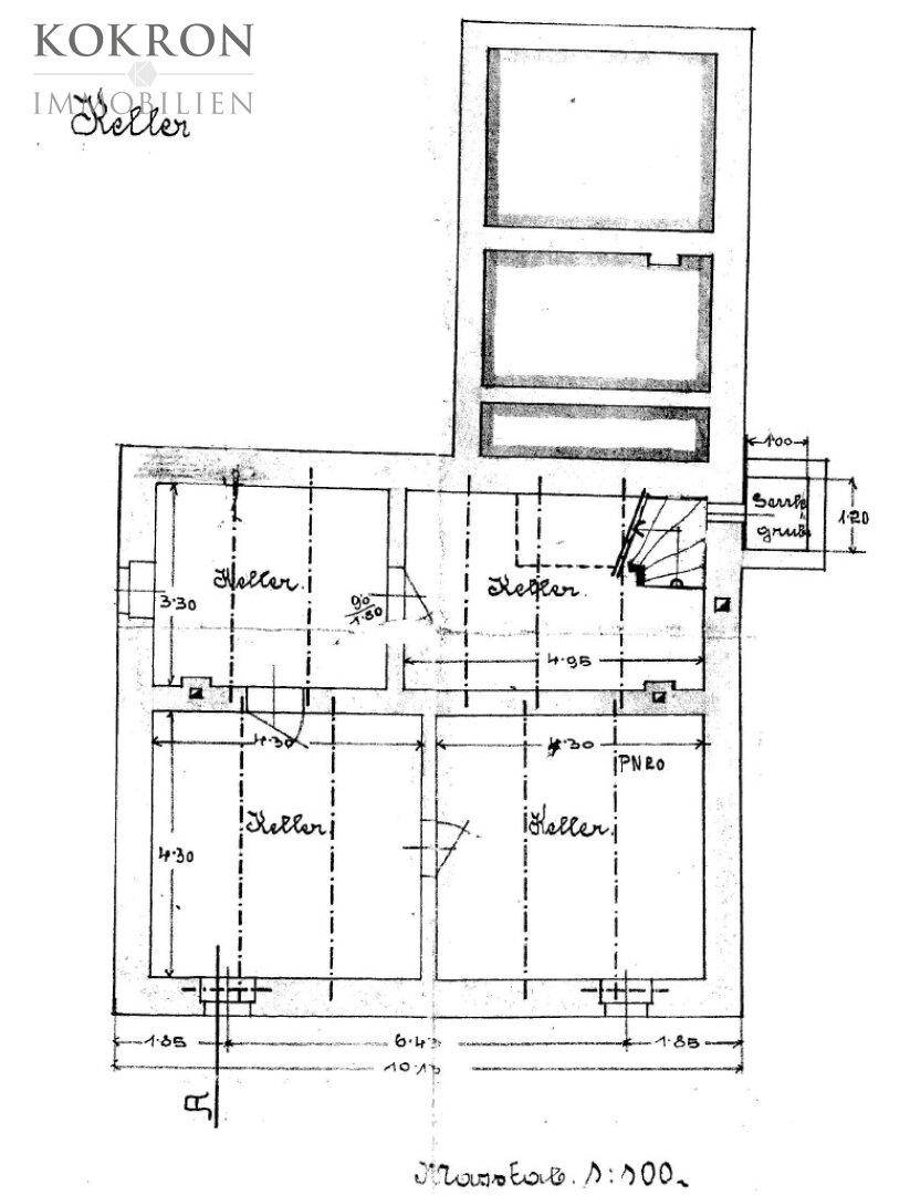 Grundriss des Kellergeschosses mit mehreren Kellerräumen und Treppenzugang.