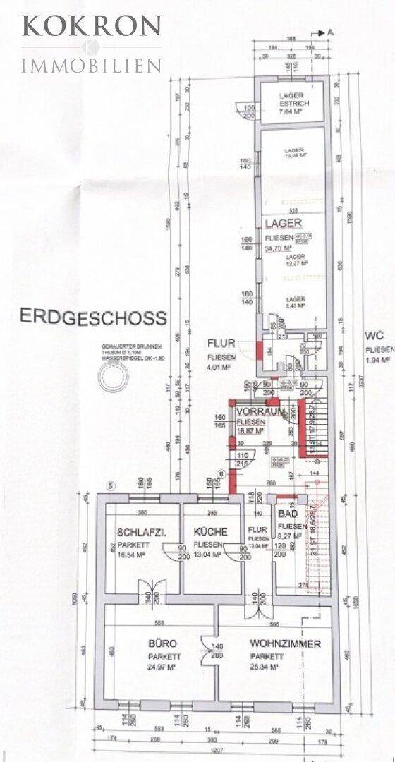Grundriss des Erdgeschosses mit Schlafzimmer, Büro, Küche, Bad und separatem WC.