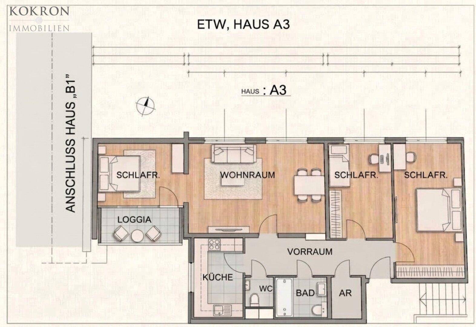 Grundrissplan für Haus A3 mit drei Schlafzimmern, Wohn-Essbereich, separater Küche und Loggia.
