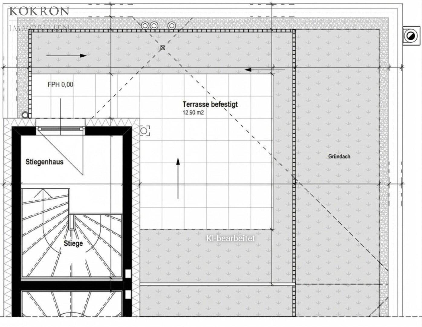 Grundriss der Dachterrasse mit 12,90 m² Fläche und Zugang zum Treppenhaus.