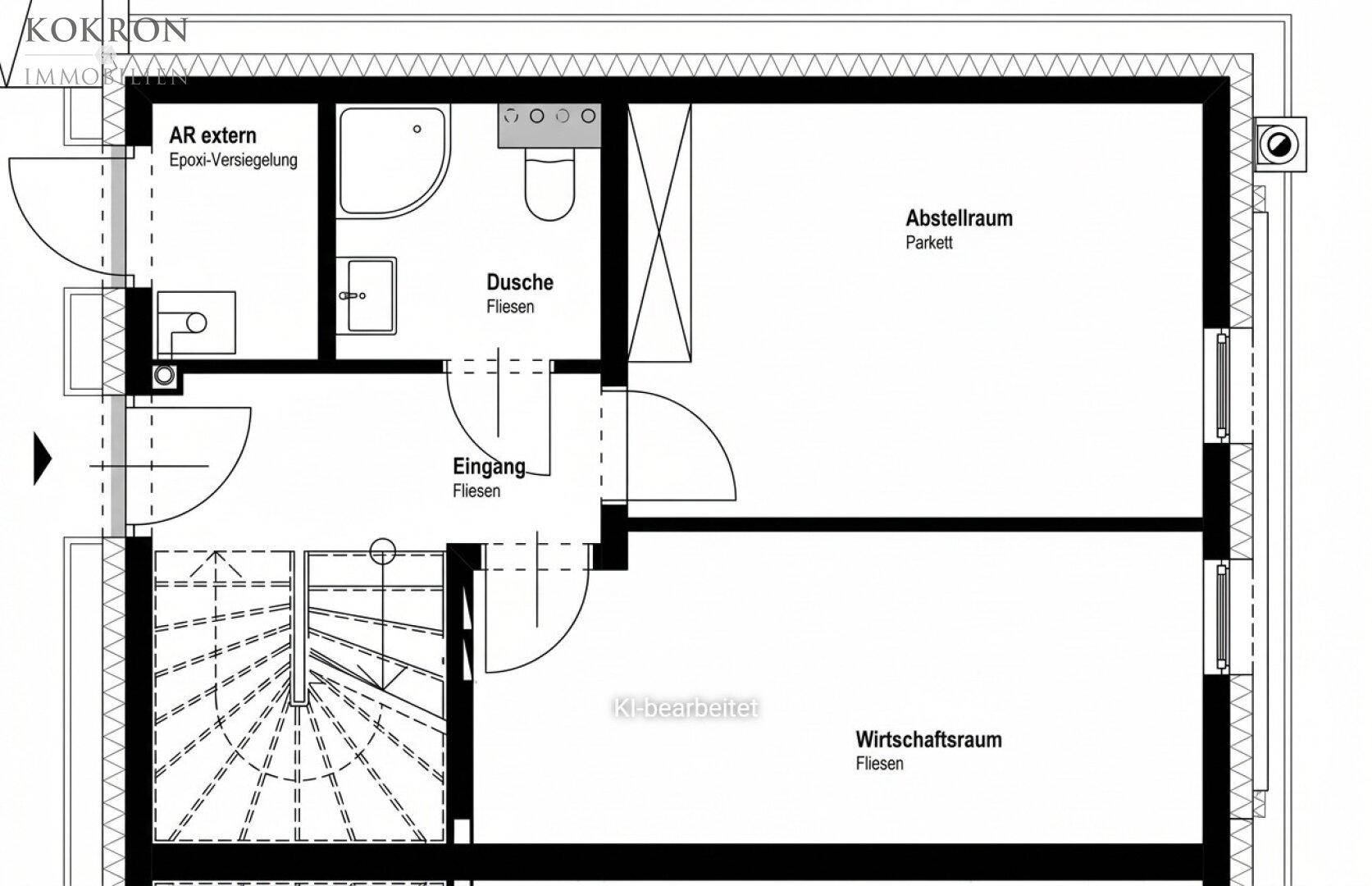 Grundriss des Untergeschosses mit Abstellraum, Duschbad und Wirtschaftsraum.