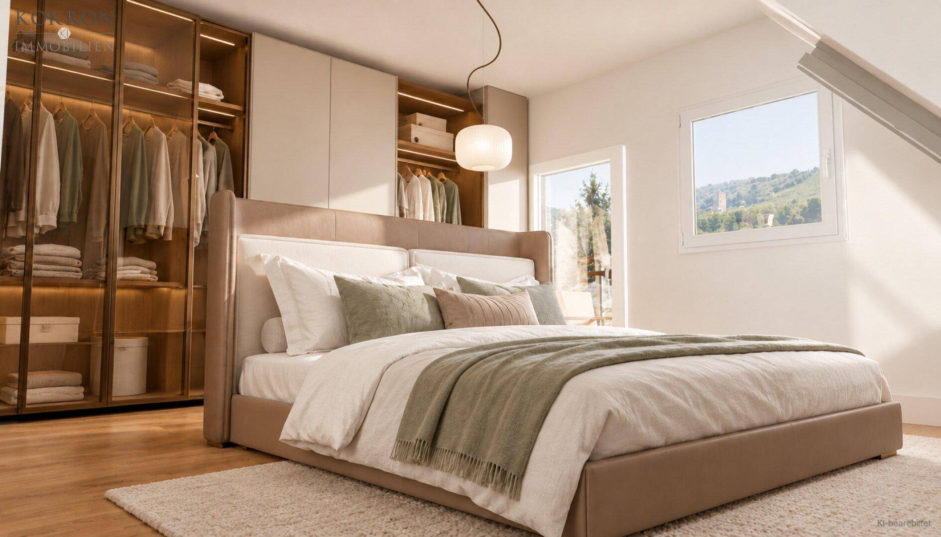 Modernes Schlafzimmer mit großem Bett, integriertem Kleiderschrank und Blick ins Grüne.