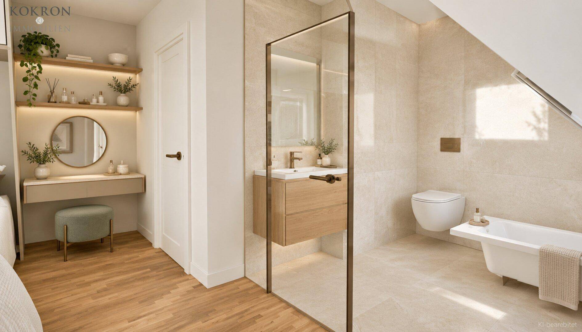 Helles Badezimmer mit freistehender Badewanne, modernem Waschtisch und Dachschräge.