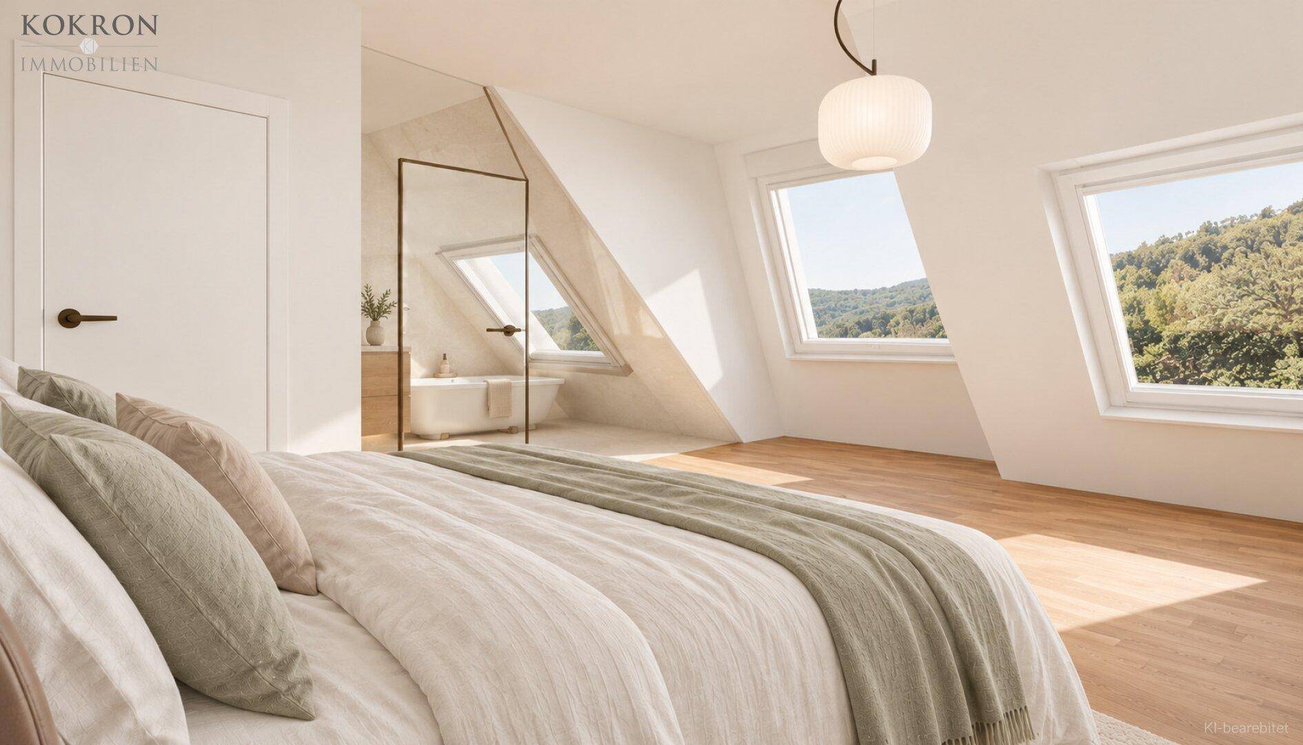 Schlafzimmer mit Dachschräge, großen Fenstern und offenem Zugang zu einem modernen Badezimmer.