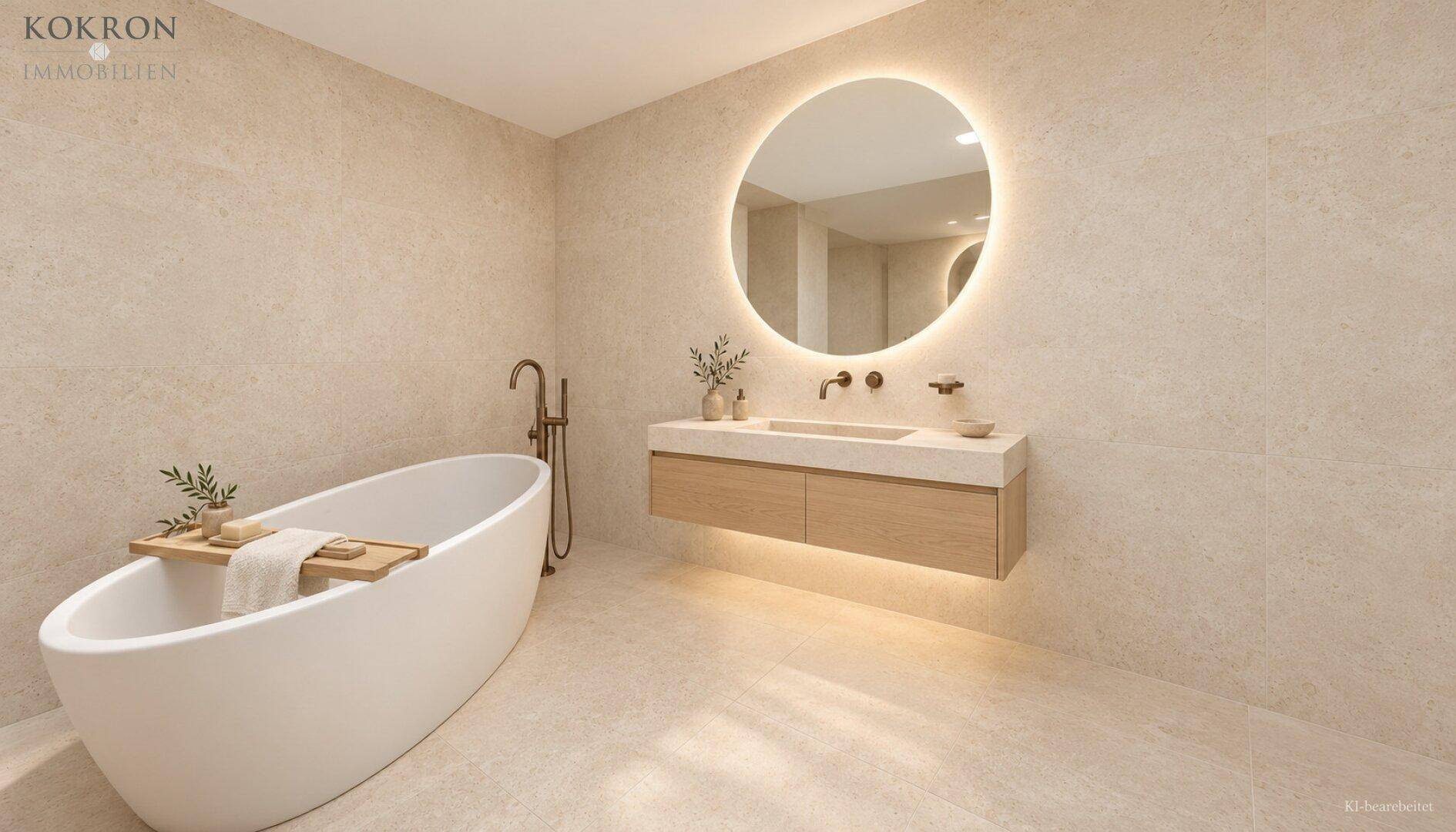 Luxuriöses Badezimmer mit freistehender Badewanne, beleuchtetem Spiegel und eleganten Fliesen.