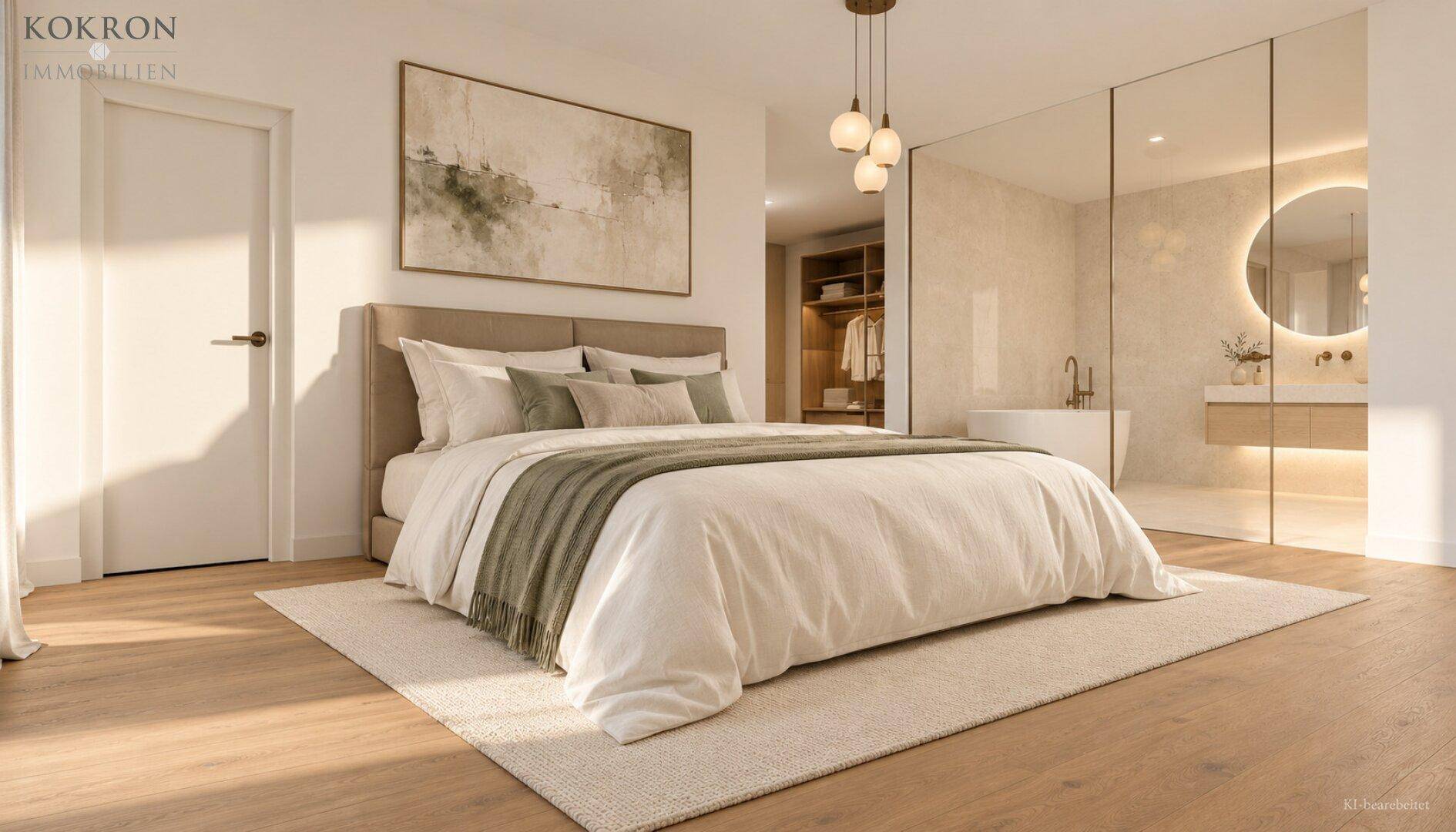 Geräumiges Schlafzimmer mit großem Bett und offenem Übergang zu einem stilvollen Badezimmer.