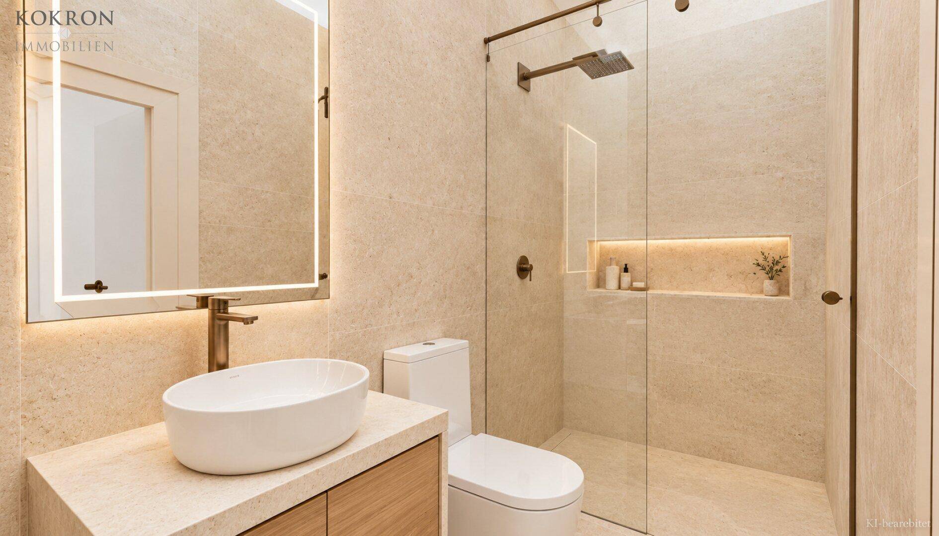 Modernes Badezimmer mit begehbarer Dusche, elegantem Waschtisch und neutralen Fliesen.