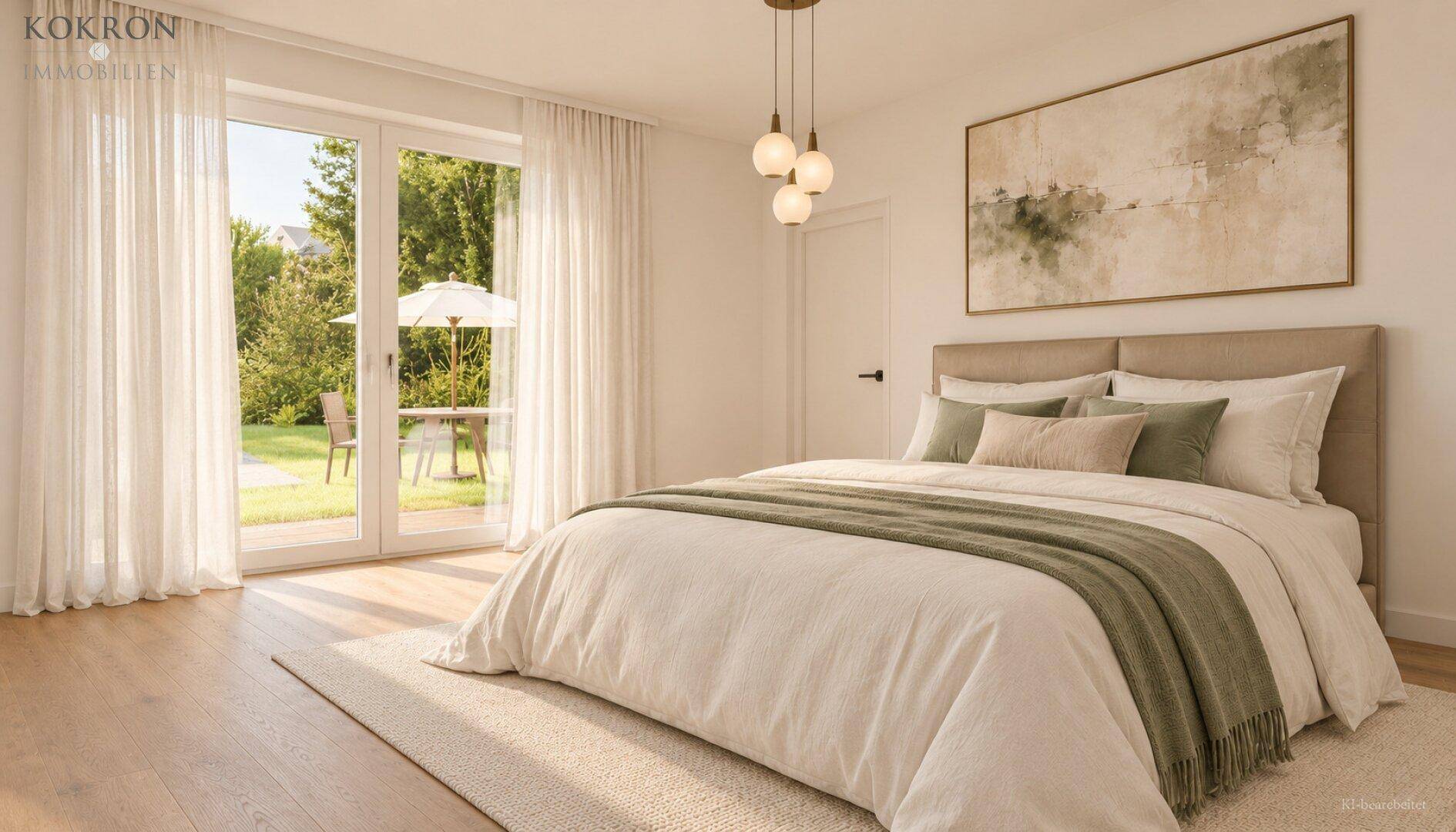 Helles Schlafzimmer mit direktem Zugang zum Garten und Blick ins Grüne.