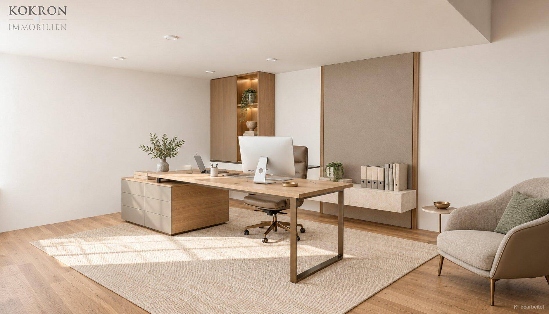 Modernes und helles Arbeitszimmer mit großem Schreibtisch und integrierten Regalen.