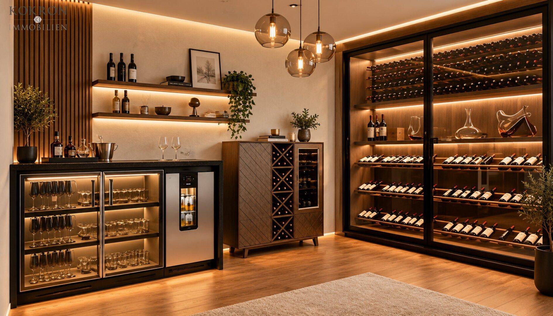 Exklusiver Weinkeller mit beleuchteten Regalen und integriertem Weinkühlschrank.