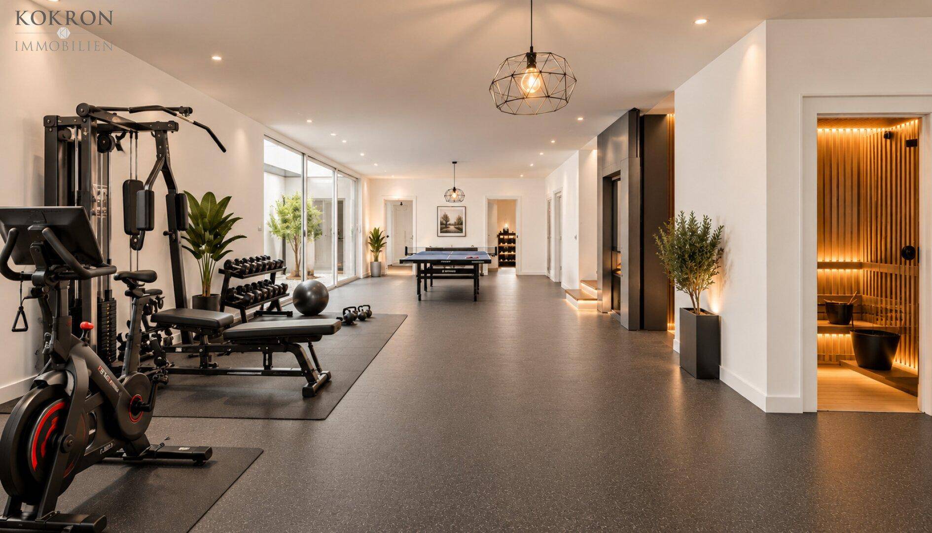 Geräumiger Fitnessraum mit verschiedenen Trainingsgeräten und integrierter Sauna.