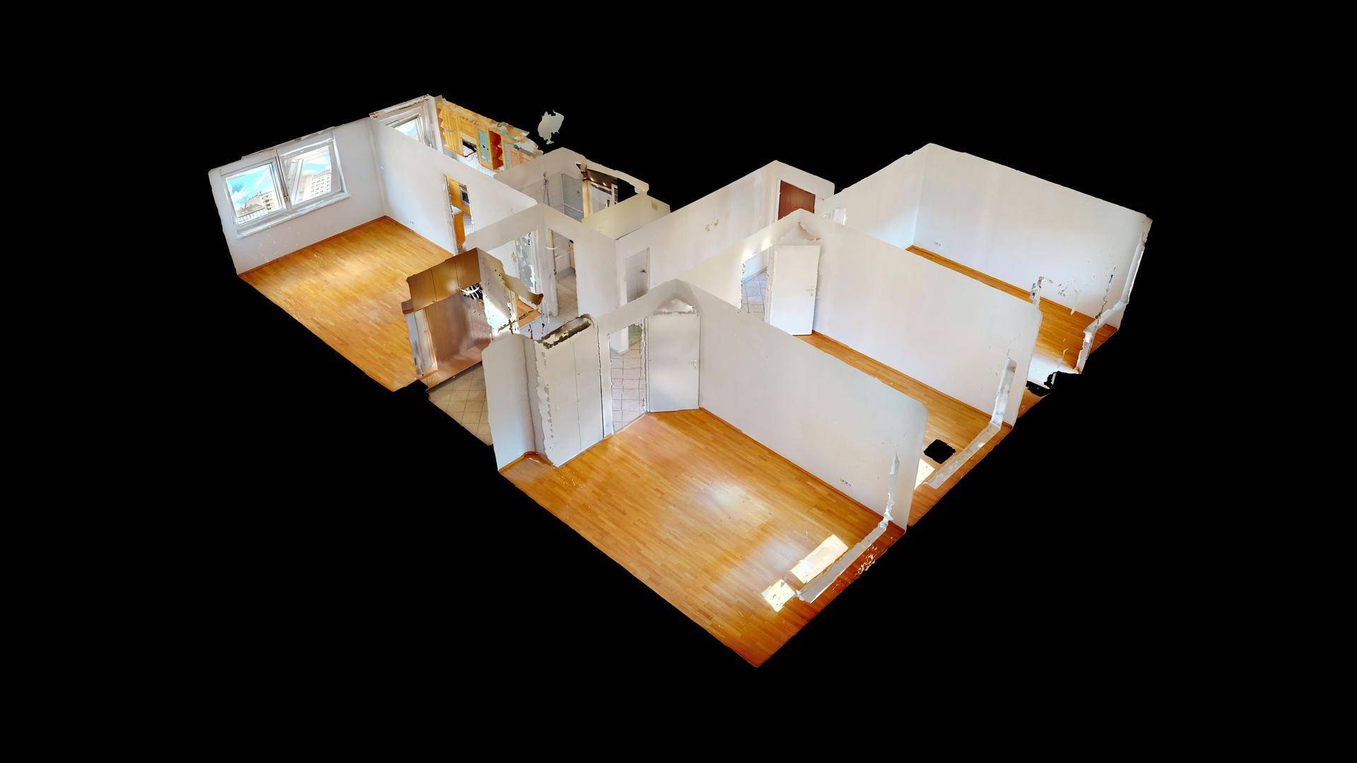 3D-Visualisierung des Grundrisses der Wohnung mit offener Raumaufteilung.