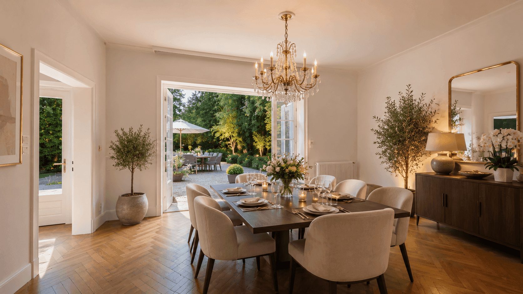 Eleganter Essbereich mit großem Tisch, Kronleuchter und direktem Zugang zum Garten, perfekt für gesellige Runden.