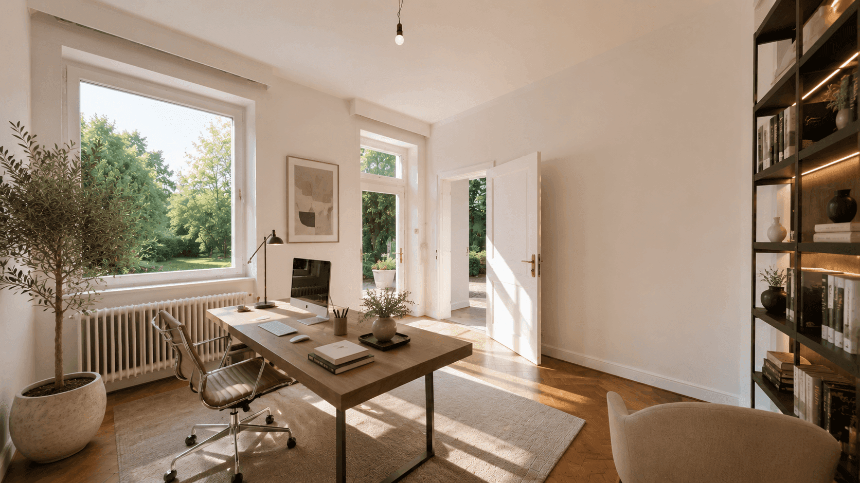 Stilvolles Arbeitszimmer mit großem Fenster und Blick ins Grüne, bietet eine ruhige und inspirierende Arbeitsumgebung.