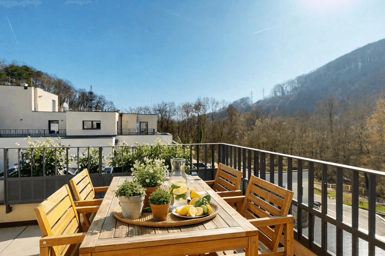 Große Sonnenterrasse mit Holztisch, Pflanzen und weitem Blick auf die Landschaft.