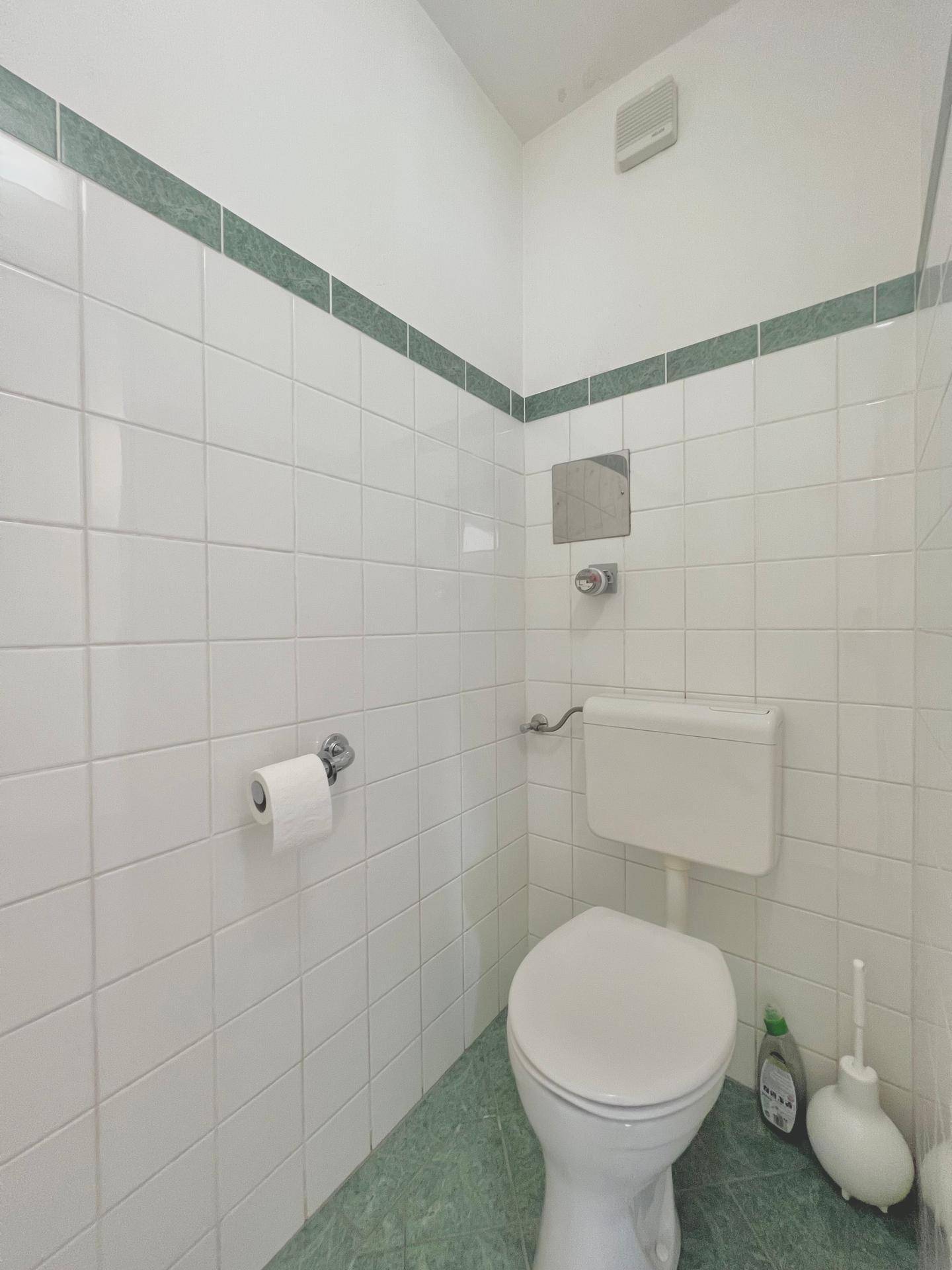 Separates WC mit weißen Wandfliesen und grünem Boden in gutem Zustand.
