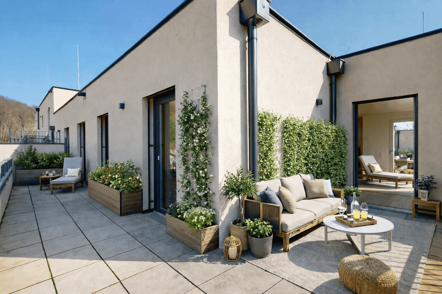 Geräumige Dachterrasse mit Lounge-Möbeln, Pflanzen und Blick auf die Umgebung.