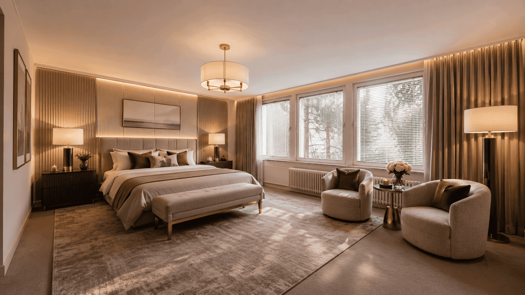 Luxuriöses Schlafzimmer mit großem Bett, eleganten Vorhängen und indirekter Beleuchtung, die eine entspannende Atmosphäre schafft.