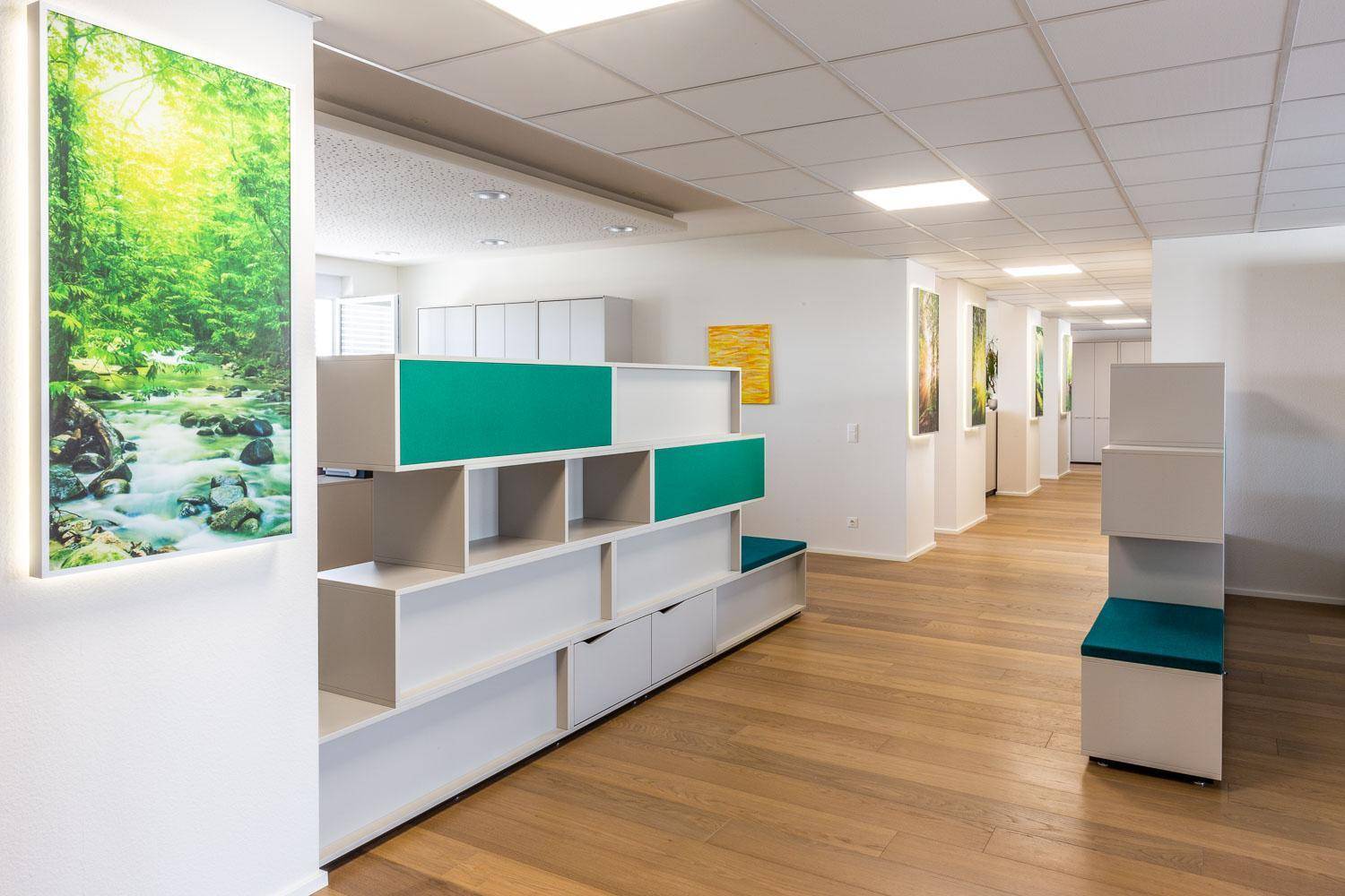 Moderner Bürobereich mit Holzboden, dekorativen Raumteilern und Kunstwerken an den Wänden.