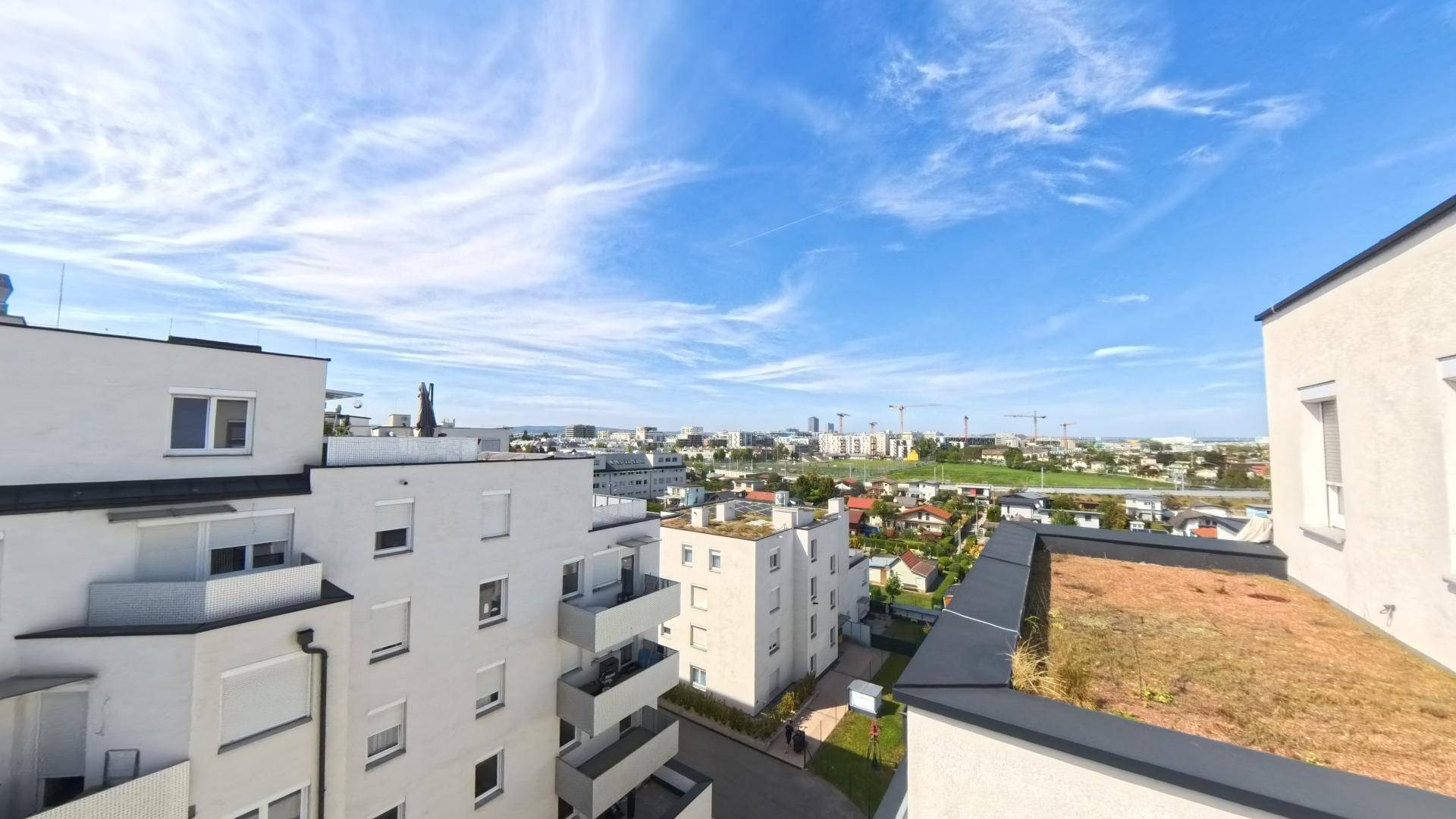 Weitblick von oben über die Dächer der Stadt, grüne Flächen und die Skyline am Horizont.