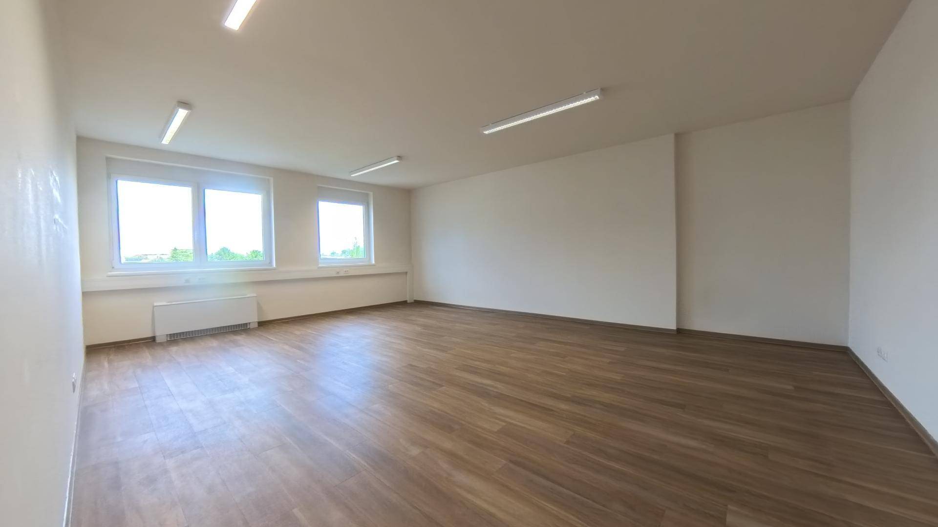 Großer, heller Büroraum mit zwei Fenstern, Laminatboden und schlichten, hellen Wänden.