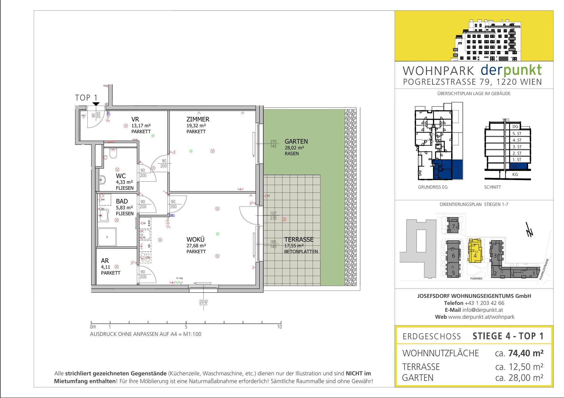 Grundriss der Erdgeschosswohnung mit Terrasse und Gartenbereich.