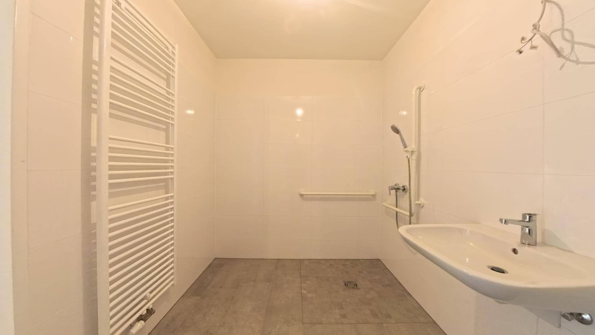 Modernes Badezimmer mit ebenerdiger Dusche, Waschbecken und beheiztem Handtuchhalter.
