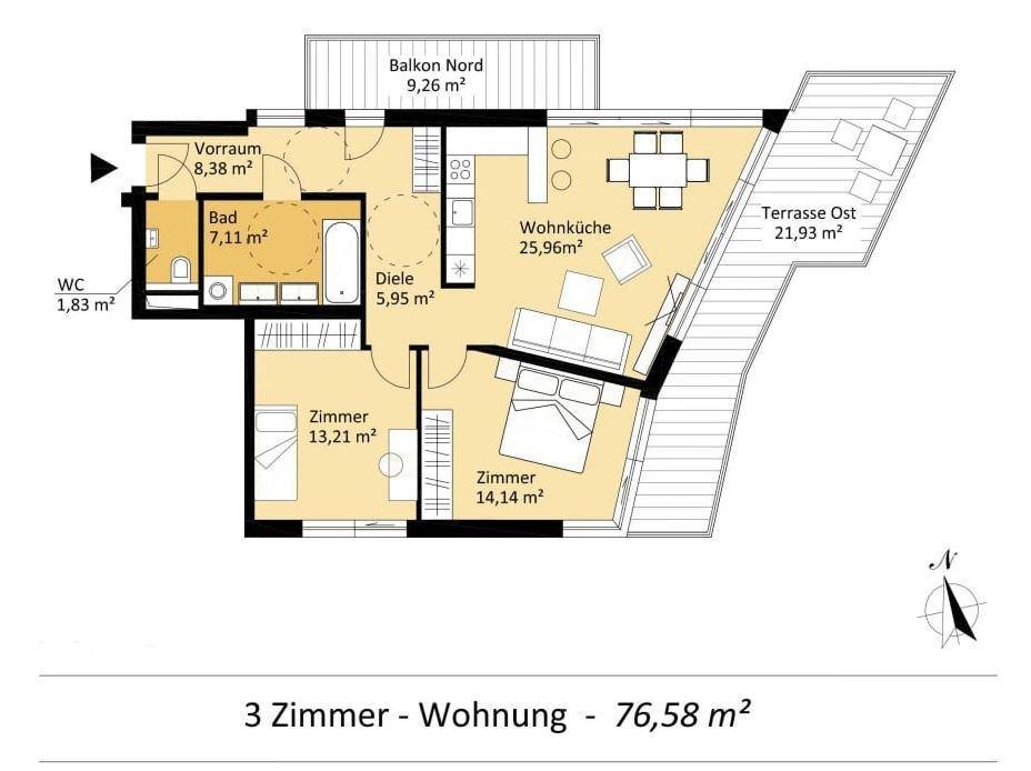 Grundriss einer 3-Zimmer-Wohnung mit Nordbalkon und Ostterrasse, insgesamt 76,58 m².