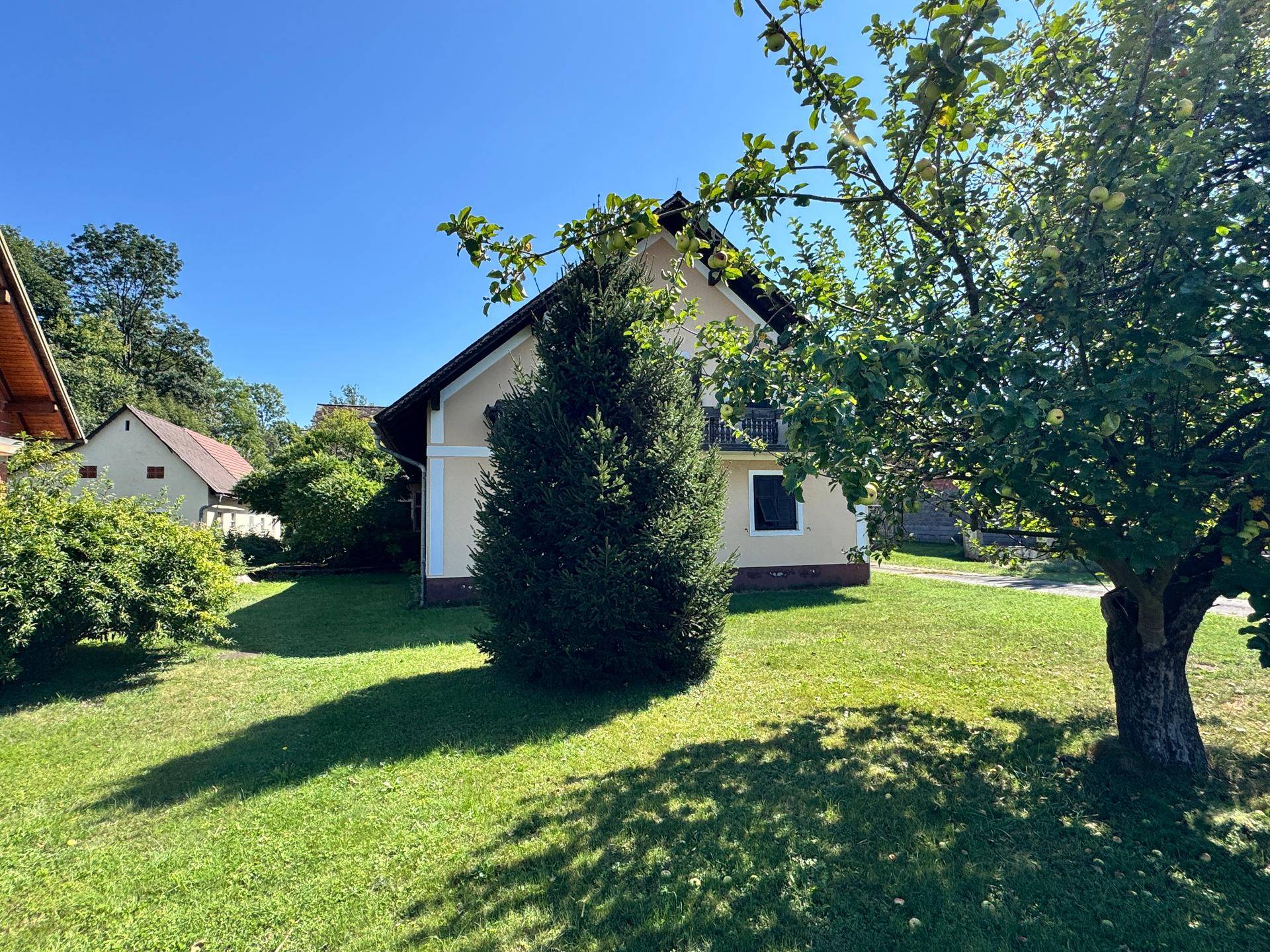 Haus umgeben von grüner Wiese und verschiedenen Bäumen in ländlicher Idylle.