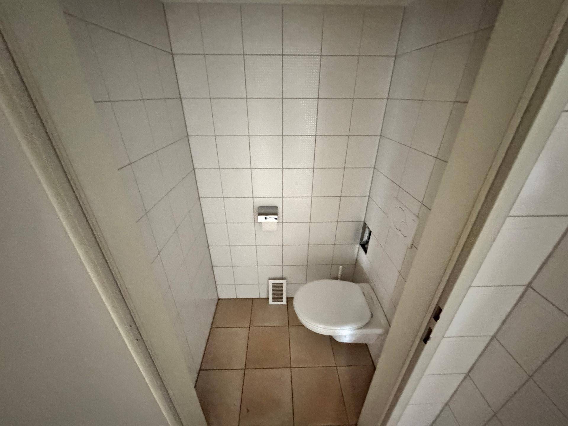 Kleines WC mit wandhängender Toilette, weißen Wandfliesen und braunen Bodenfliesen.