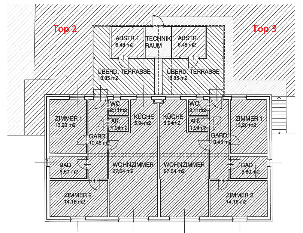 Grundrissplan zeigt zwei Wohneinheiten mit jeweils zwei Zimmern, Bad, Küche und Terrasse.