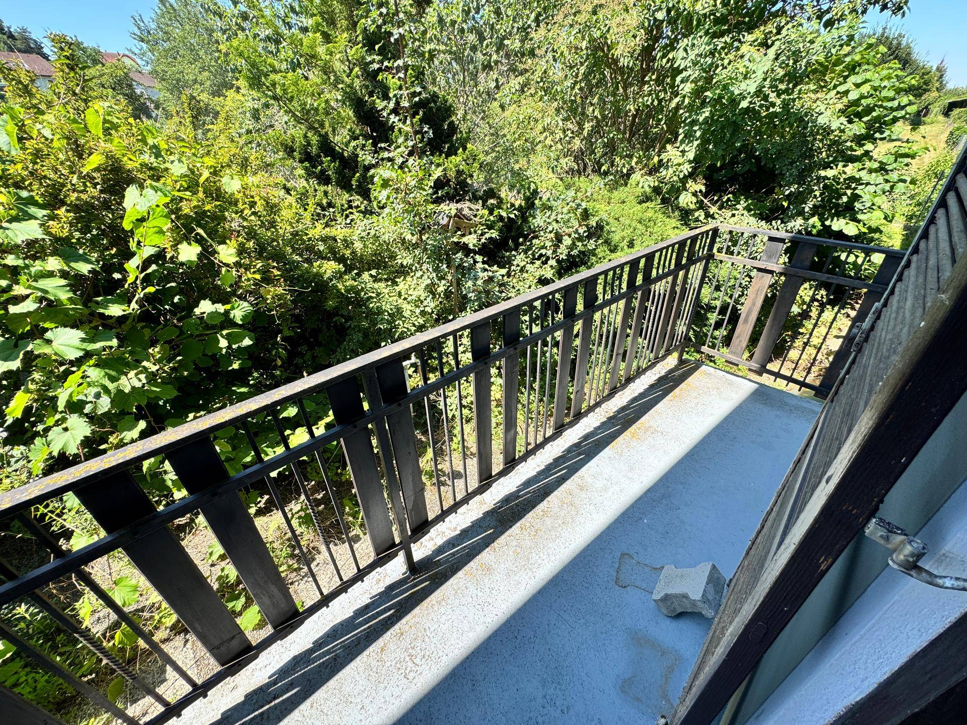 Kleiner, älterer Balkon mit Metallgeländer und üppiger grüner Vegetation im Hintergrund.