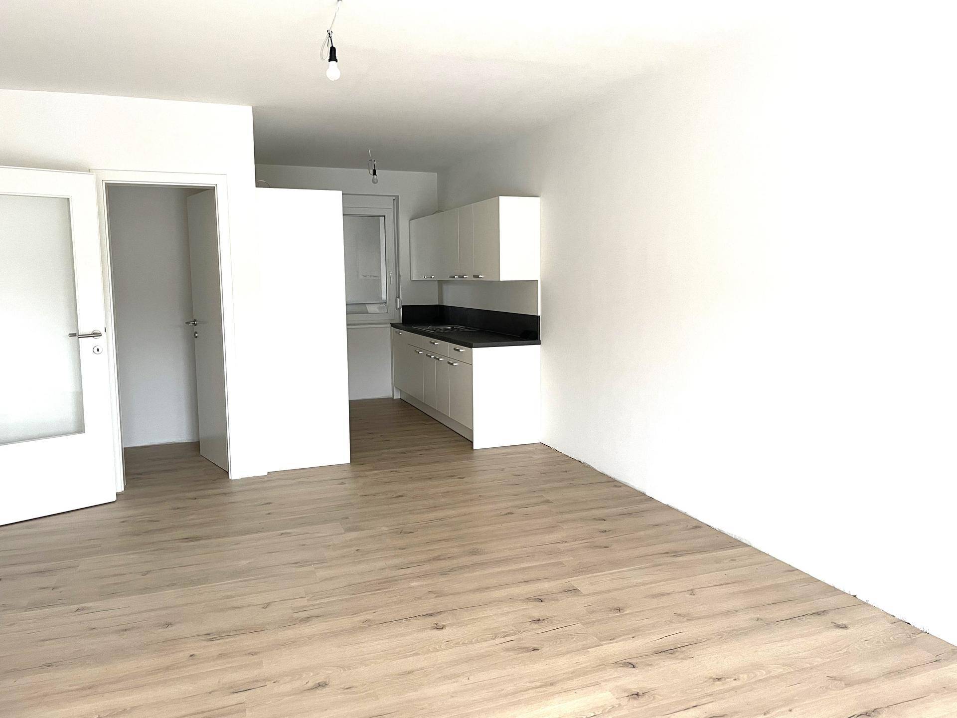 Offener Wohnbereich mit integrierter Küchenzeile und hellem Laminatboden, ideal für modernes Wohnen.