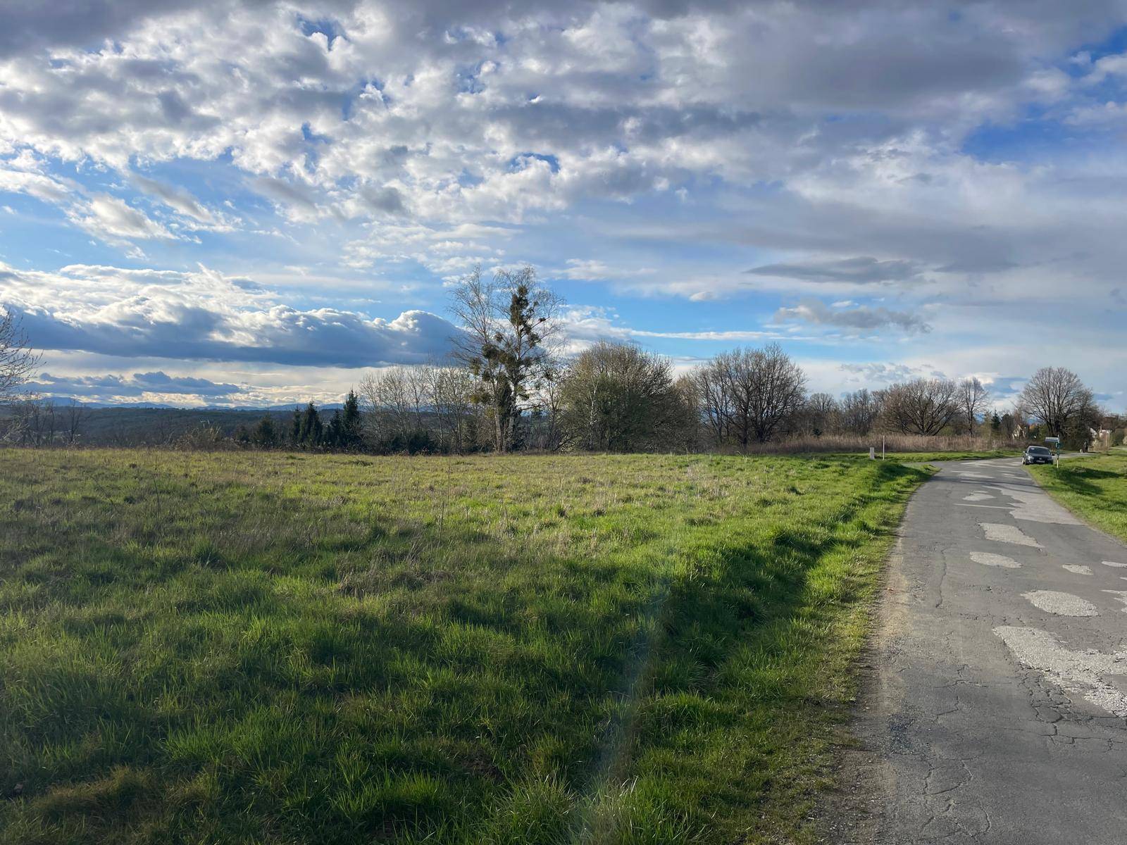 Weite grüne Wiesenfläche neben einer Landstraße mit Bäumen und Hügeln im Hintergrund.