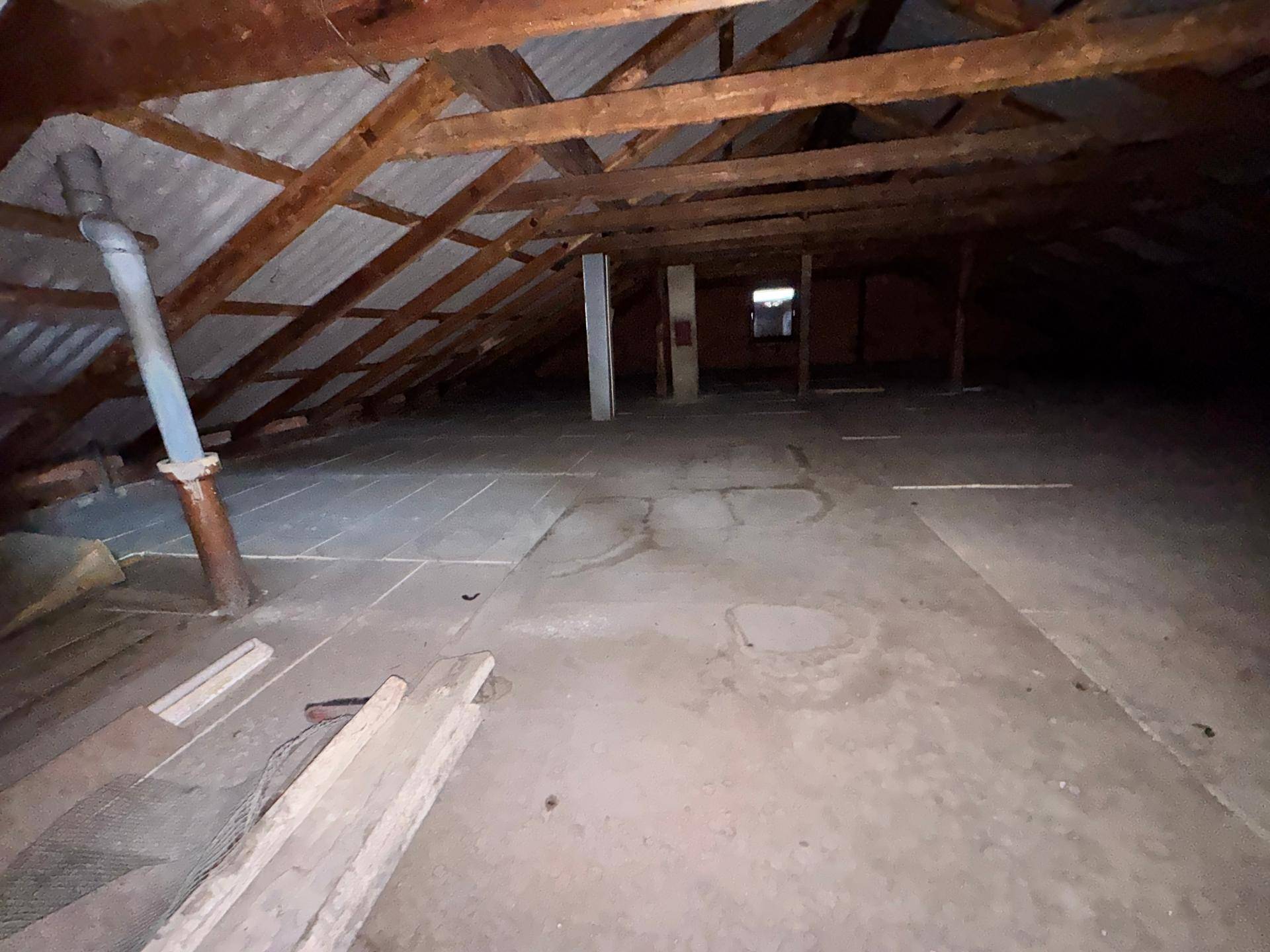 Geräumiger Dachboden mit sichtbaren Holzbalken und Betonboden, bereit zum Ausbau.