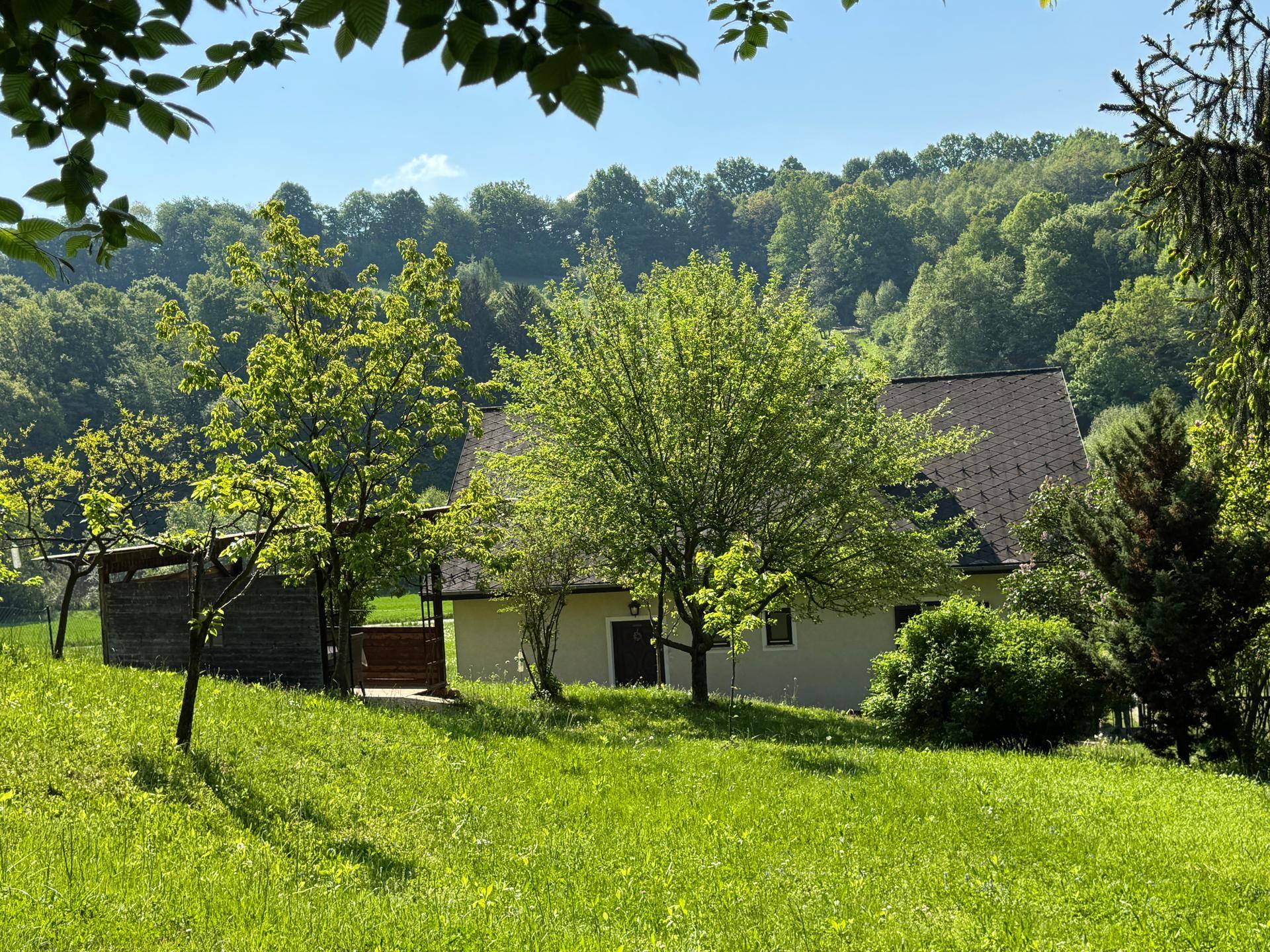 Haus in ländlicher Umgebung, umgeben von Bäumen und grünen Wiesen unter blauem Himmel.
