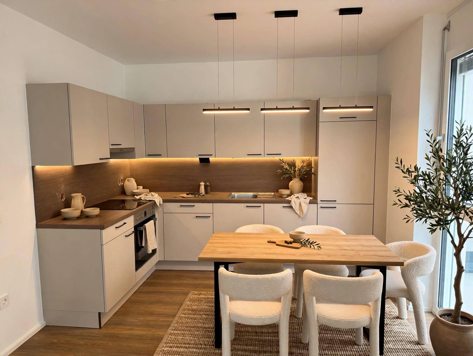 Moderne Einbauküche in hellem Grau mit Essbereich und Holzdetails.
