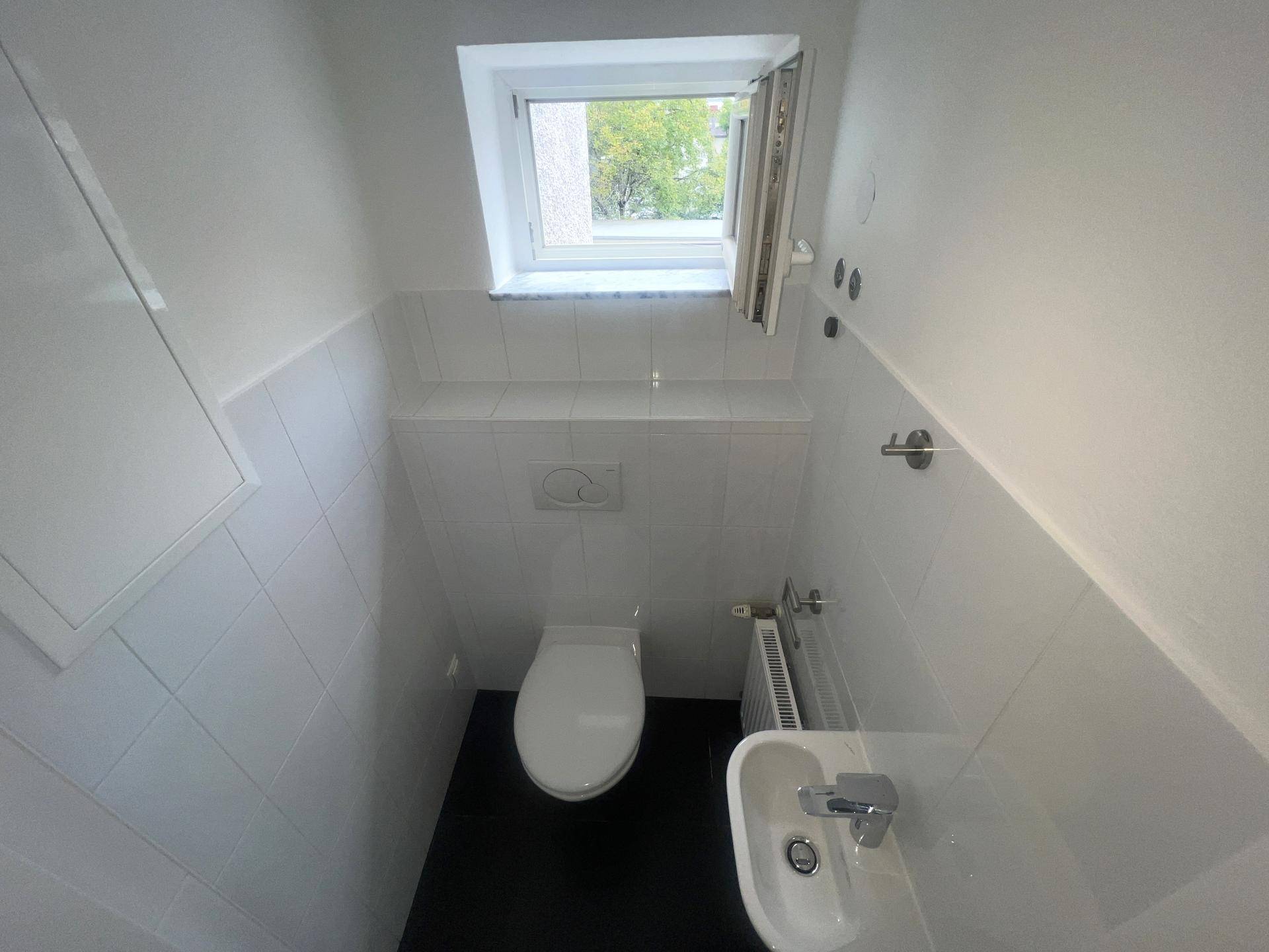 Modernes Gäste-WC mit wandhängender Toilette, kleinem Waschbecken und Fenster.
