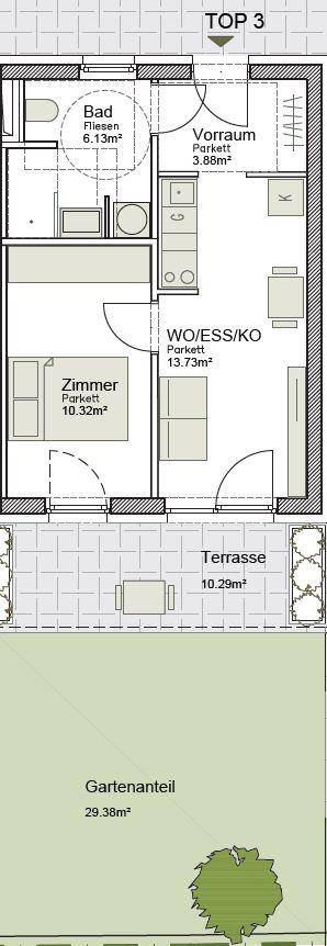 Detaillierter Grundriss der Wohnung Top 3 mit Wohn-Essbereich, Schlafzimmer und Terrasse.